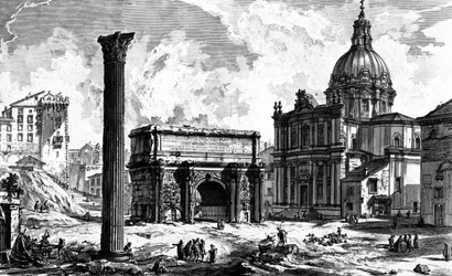 Ansicht des Bogens von Septimius Severus und der Kirche Santi Luca e Martina, aus der Serie 